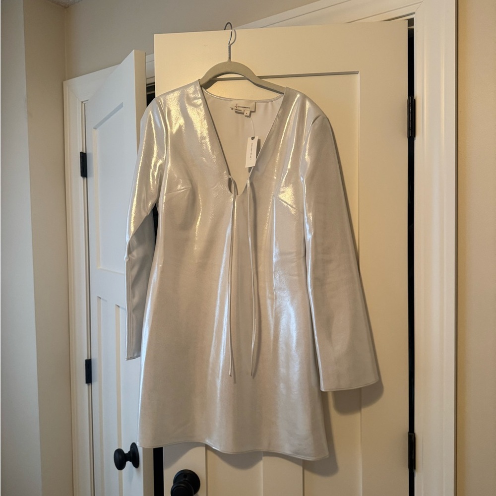 Long-Sleeve V-Neck Metallic Mini Dress Anthropologie